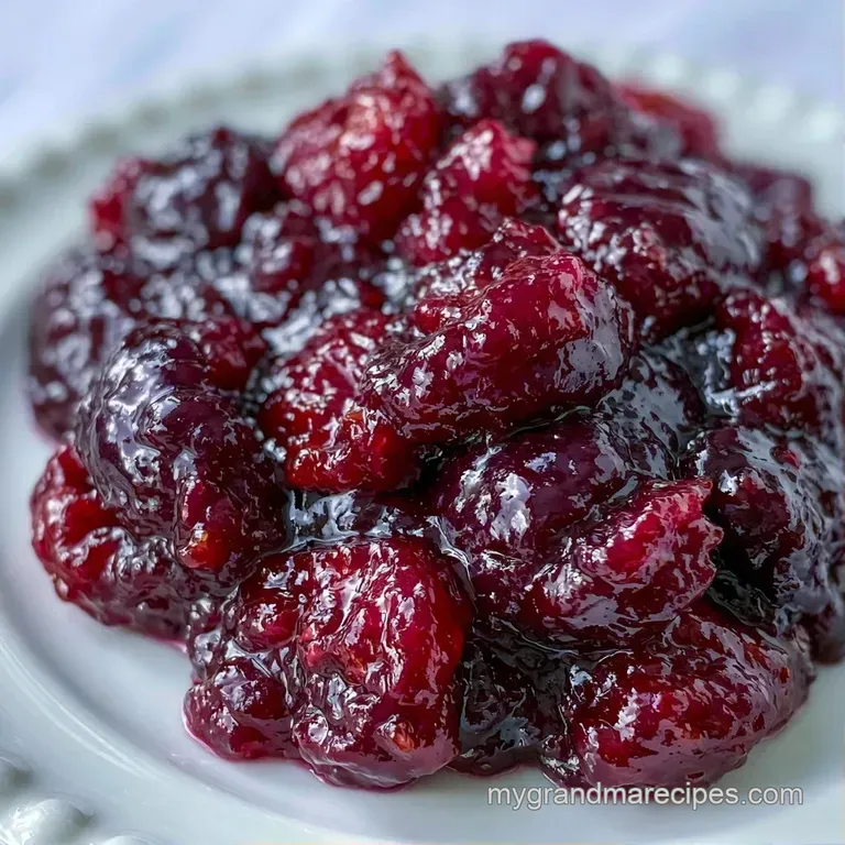 Glossy dark red preserve in a crystal jar paired with crisp golden crackers and fresh mint on a white marble slab.