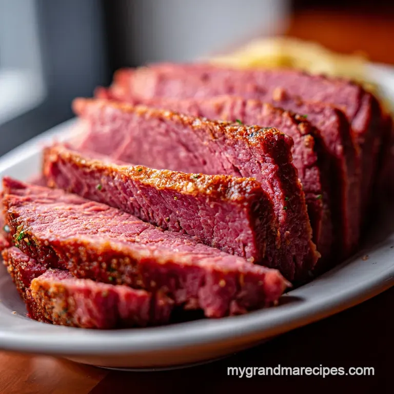 Perfectly sliced corned beef brisket, steaming gently beside vibrant green cabbage wedges and bright orange carrots on a w...
