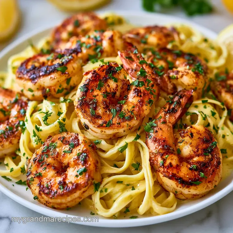 Elegant swirl of creamy white pasta topped with blackened prawns and fresh herbs on a matte white dinner plate.