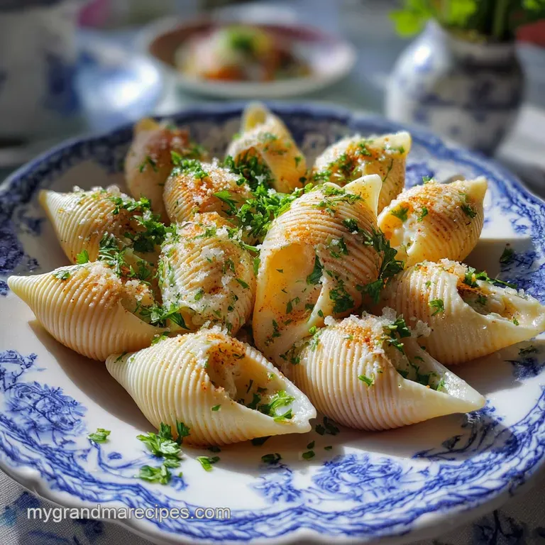 Three glistening stuffed shells plated with a swirl of rich marinara sauce and a sprinkle of fresh herbs, ready for a sati...