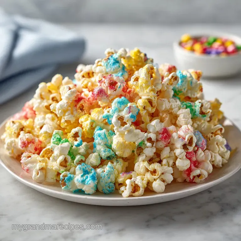 Festive, colorful popcorn scattered around a clear glass bowl filled with even more. Light reflects off the sweet, candied...