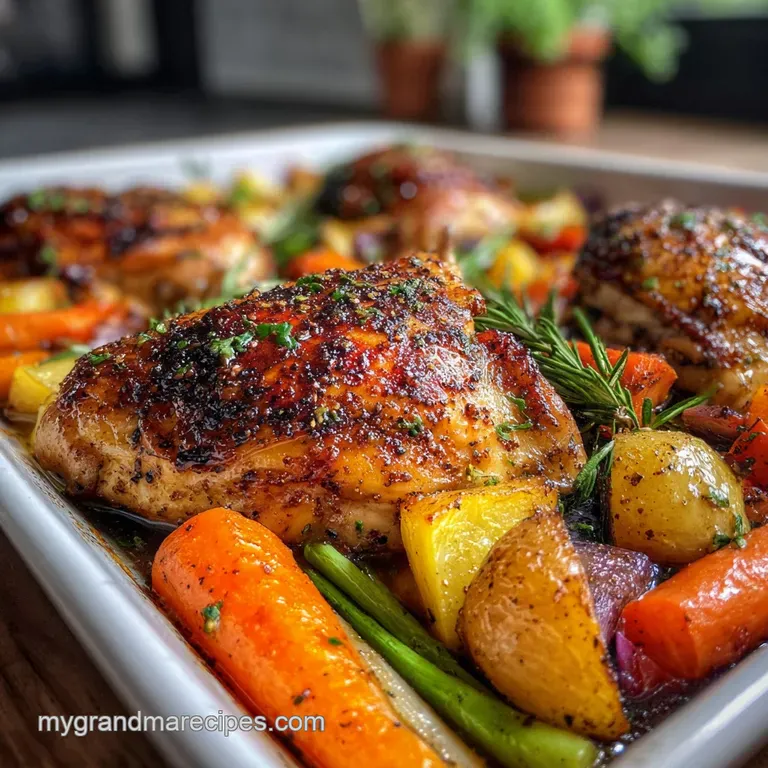 A juicy chicken quarter is plated with roasted root vegetables, a drizzle of flavorful pan sauce, and a sprinkle of fresh ...