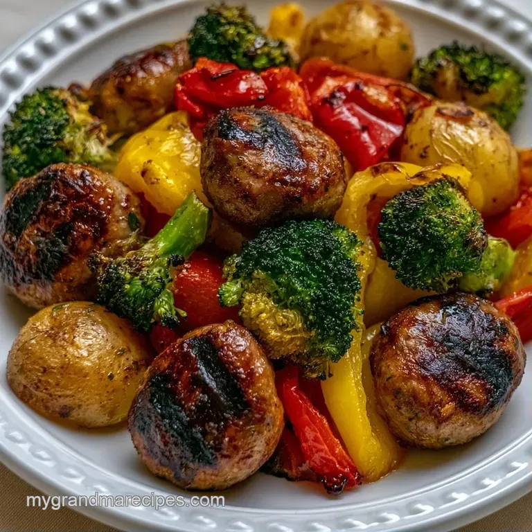 Golden brown sausage slices and tender roasted vegetables artfully arranged on a clean white dinner plate.
