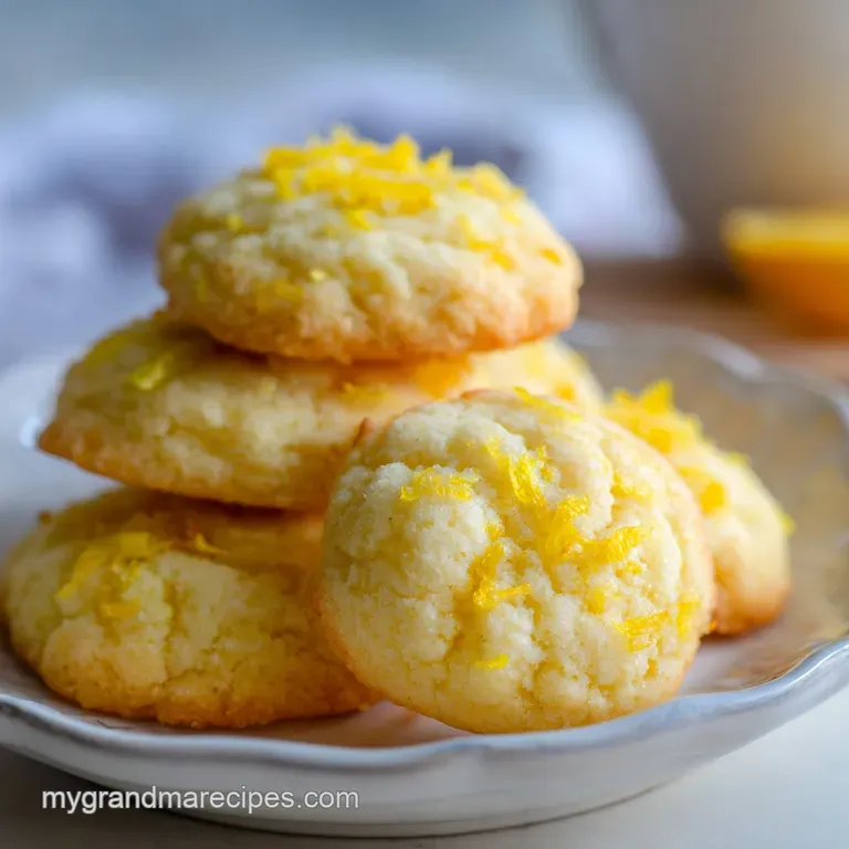 A stack of bright yellow citrus cookies on a white ceramic plate garnished with a fresh lemon slice and mint leaf.