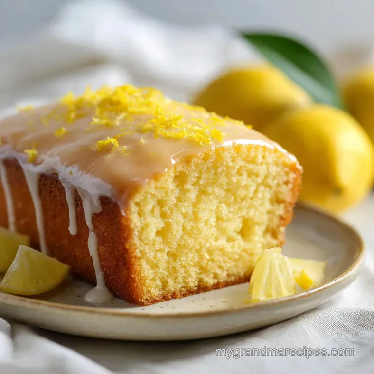 A slice of fluffy yellow cake topped with creamy frosting and a thin lemon wheel on a white porcelain saucer.