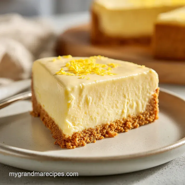 A slice of chilled yellow cream cake on a white plate, garnished with a fresh lemon wheel and a mint leaf.