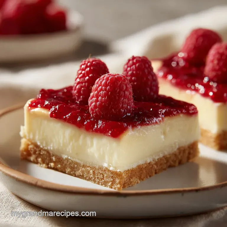 A single cheesecake square elegantly presented on a white plate, adorned with fresh raspberries and a lemon zest garnish.