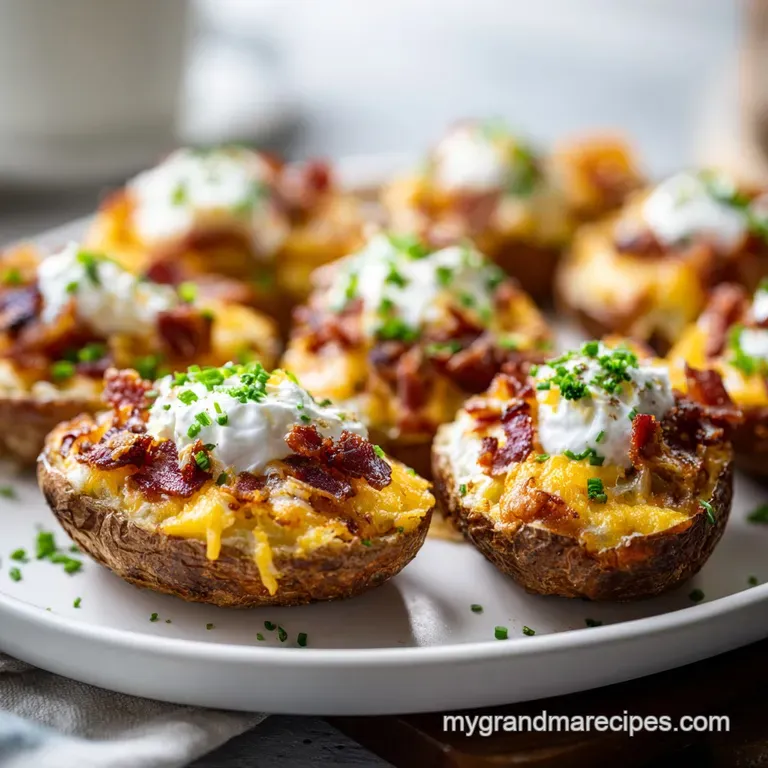 Elegant potato skins, generously topped with creamy sour cream, chives, and a sprinkle of paprika.