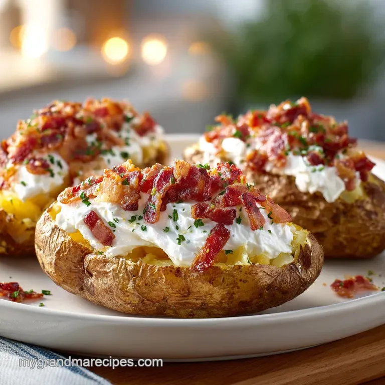 A perfectly baked potato, split and generously filled, sits atop a rustic wooden board, garnished with a dollop of sour cr...