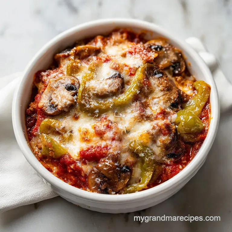A ceramic bowl filled with golden-brown melted cheese, zesty red sauce, and colorful vegetable toppings on a wood table.