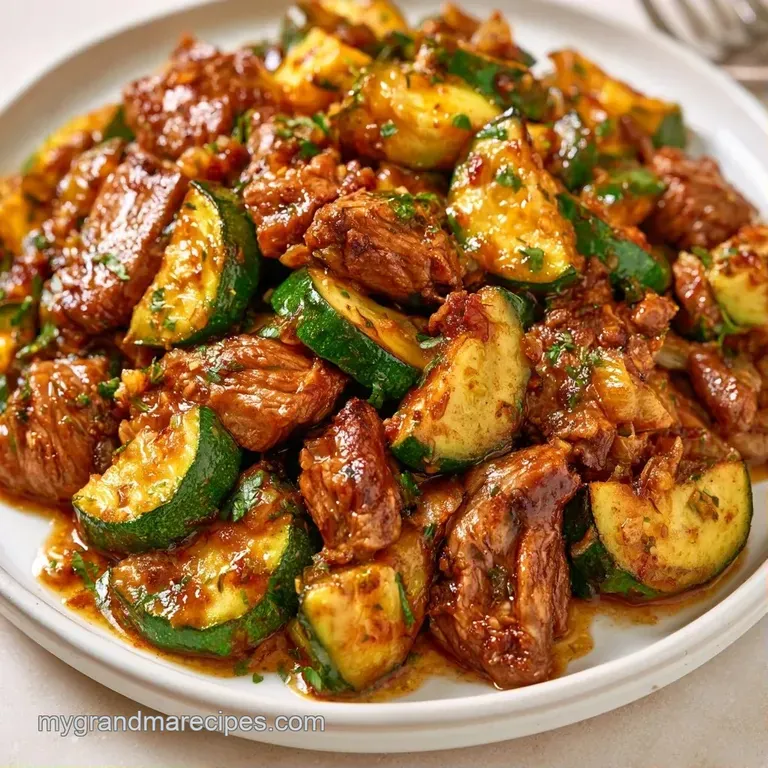 A neat square slice of cheesy baked vegetables and beef on a white plate, garnished with a sprig of fresh parsley.