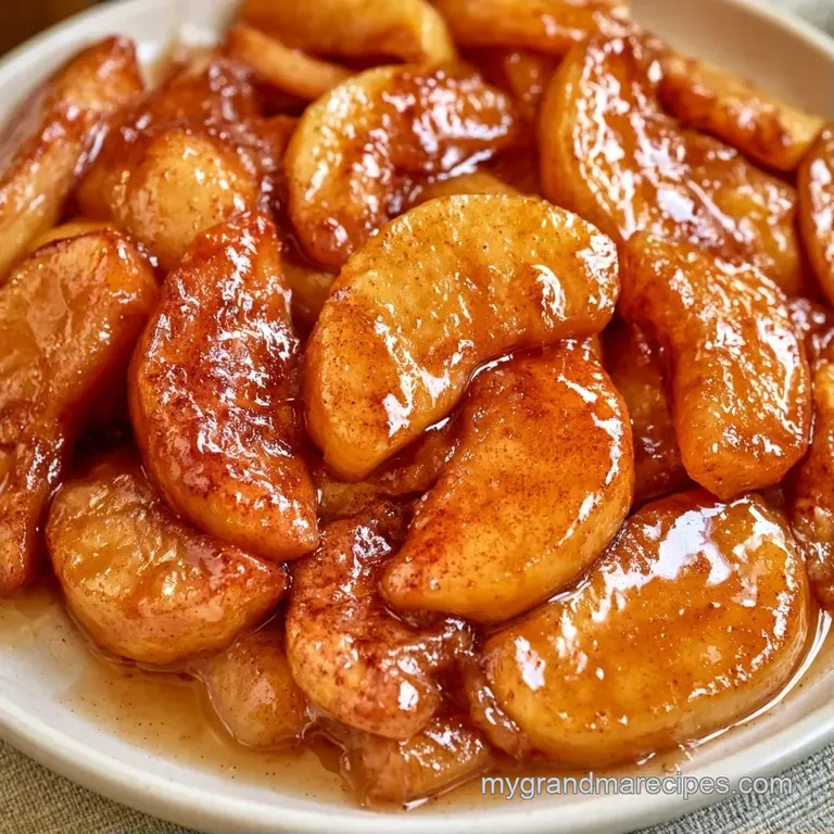 A white ceramic bowl filled with glistening, spiced apple chunks and a delicate sprinkle of ground cinnamon.