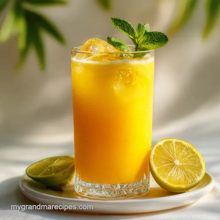 A smooth, chilled mango drink served in a crystal glass, rimmed with sugar and a perfectly placed lemon twist, elegant.