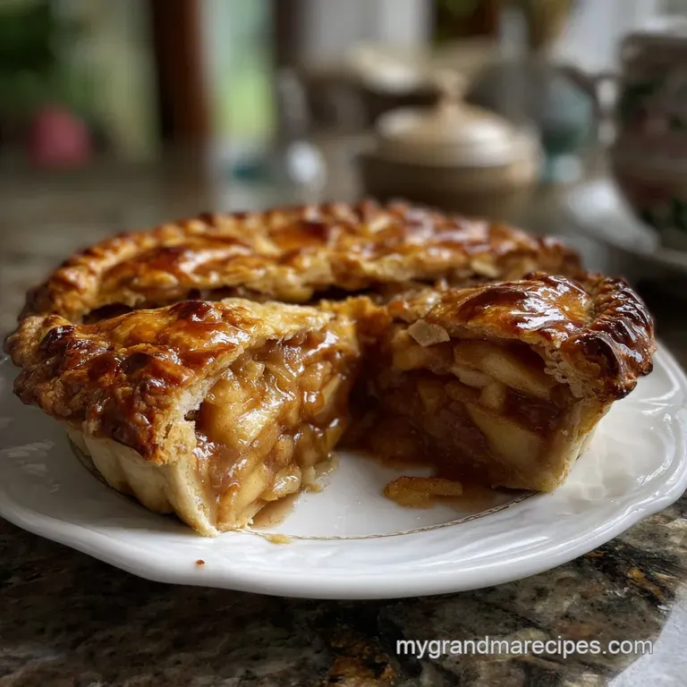 Slice of warm apple pie on a white plate, the crust a beautiful brown, with a scoop of vanilla ice cream melting slowly.