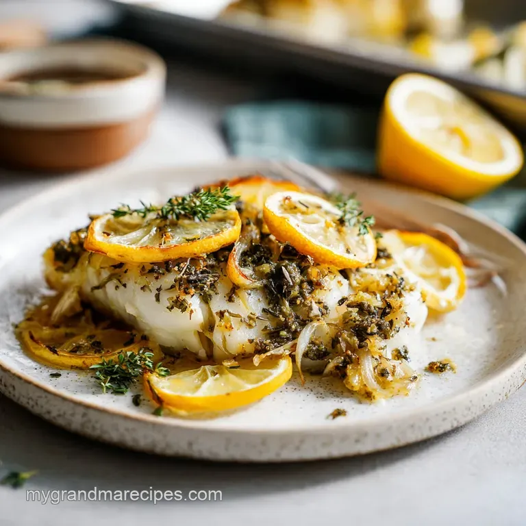 A perfectly baked cod fillet, glistening with lemon and garlic, served with roasted vegetables.