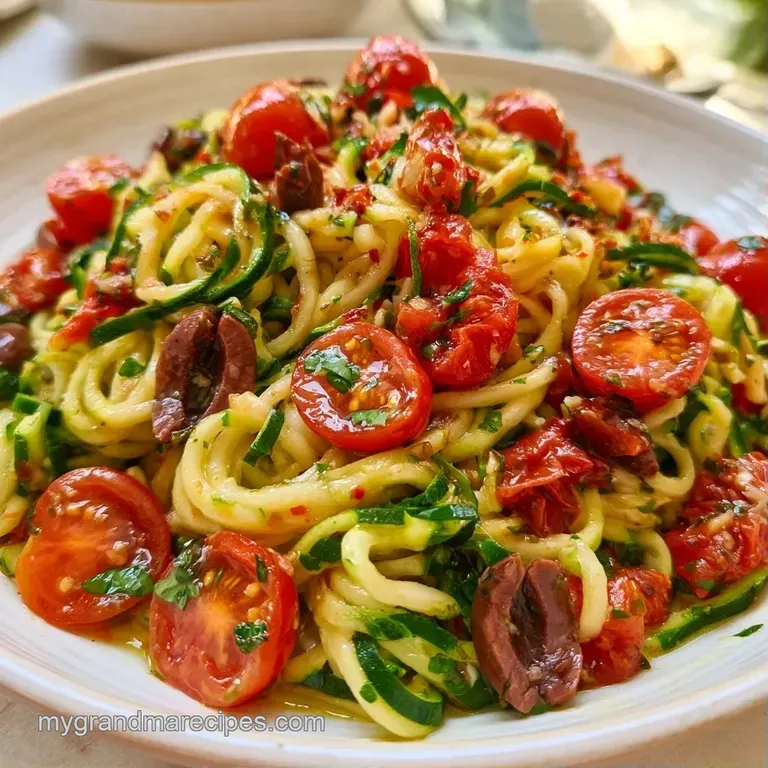 A swirl of green noodles topped with kalamata olives and fresh parsley in a shallow white bowl with glossy olive oil.