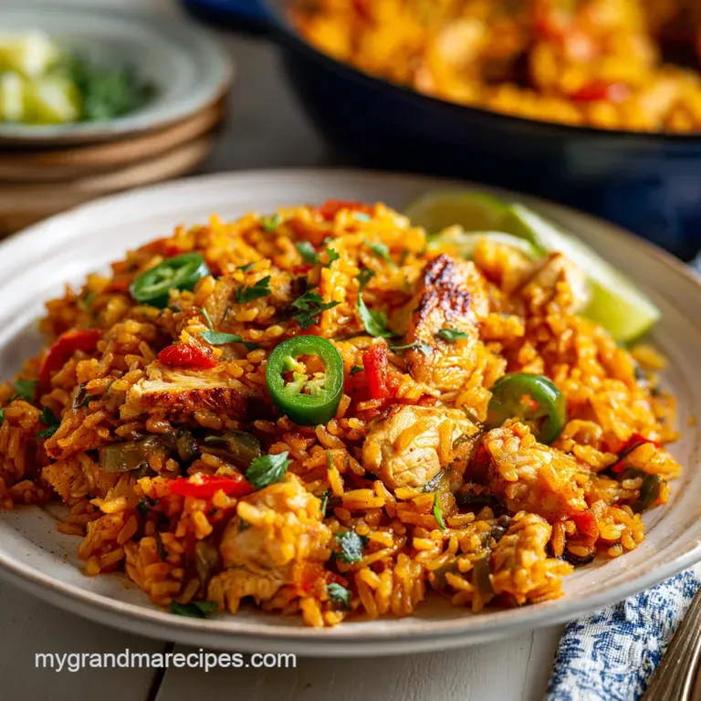Close-up of plated Mexican chicken and rice, bright with diced tomatoes and avocado, dusted with chili powder and fresh ci...