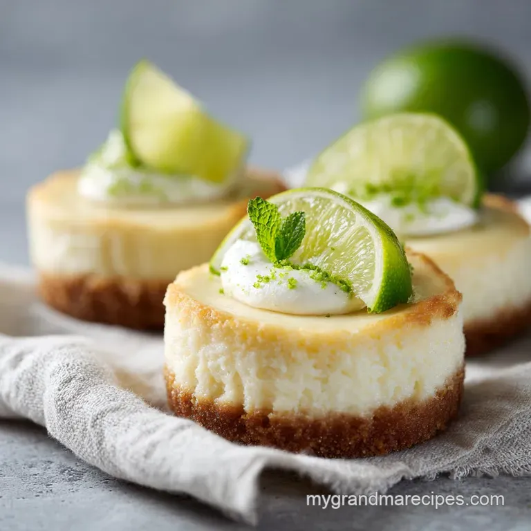 Two individual lime cheesecakes topped with whipped cream and a lime slice on a white plate.