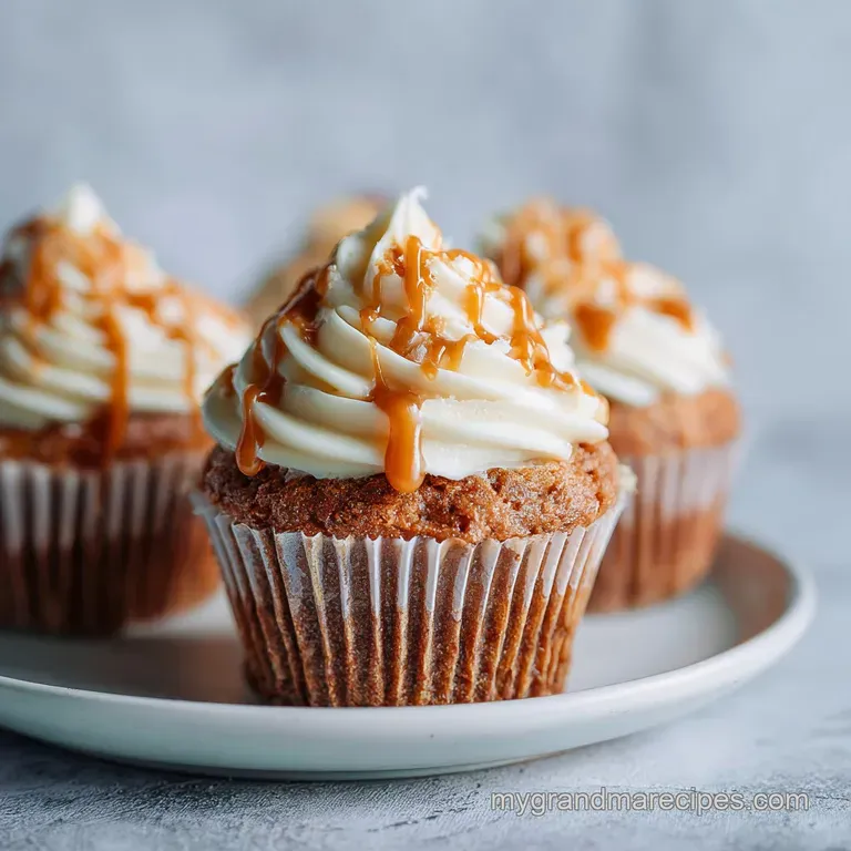 A single cupcake on a white plate, its gooey apple filling peeking from a luscious caramel glaze.