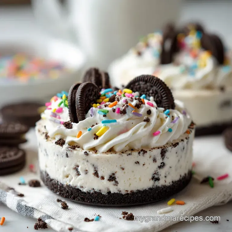 A decadent slice of Oreo cheesecake, its smooth filling contrasting with the crumbly crust.