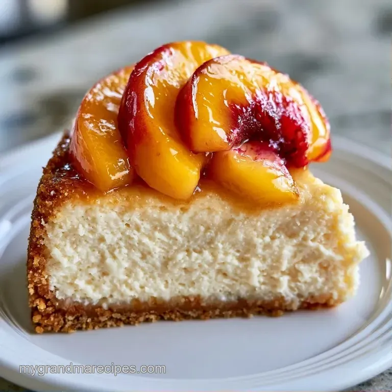 A slice of velvety peach cake on a white plate, drizzled with honey syrup and garnished with a fresh green mint leaf.