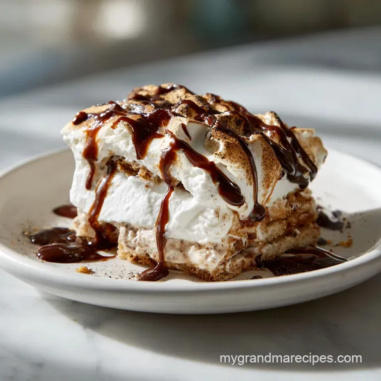 Slice of icebox cake revealing layers of graham cracker, chocolate, marshmallow fluff, and creamy filling on a white plate.