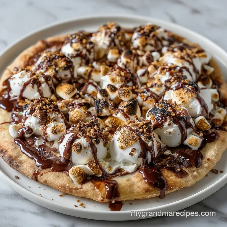 Slice of dessert pizza on a white plate; gooey Nutella and marshmallow pull away, tempting with its golden-brown edges.