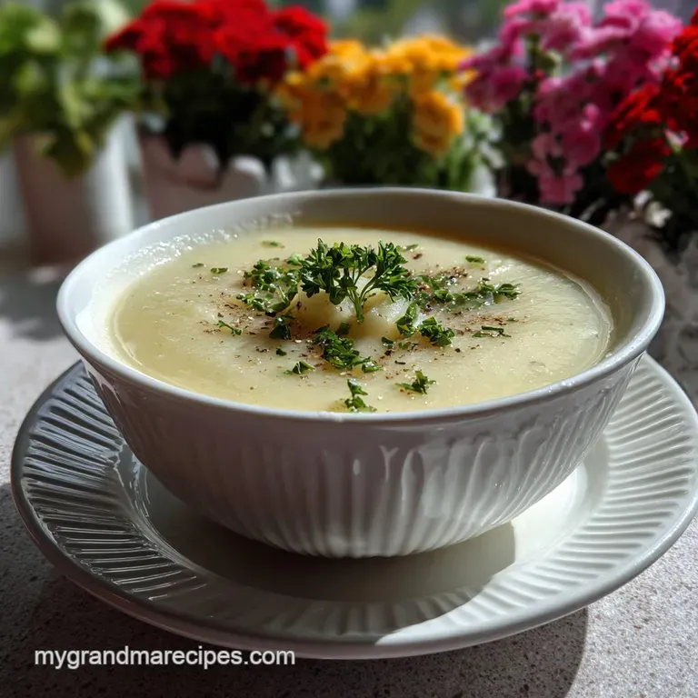 Silky potato soup in a white bowl, garnished with chives and a drizzle of olive oil. Pale yellow hues are accented by deep...