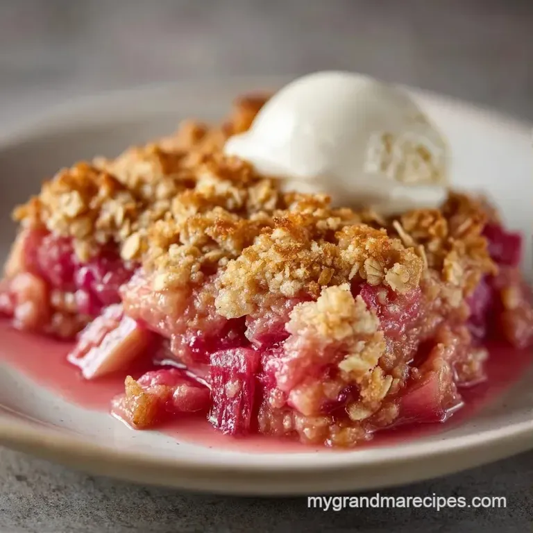 A scoop of warm, pink fruit crumble topped with melting vanilla ice cream in a shallow white ceramic bowl.