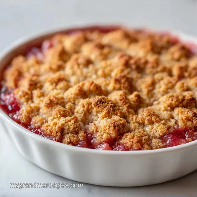 A scoop of warm, bubbly red fruit dessert topped with a golden oat crumble and a dollop of melting vanilla ice cream.
