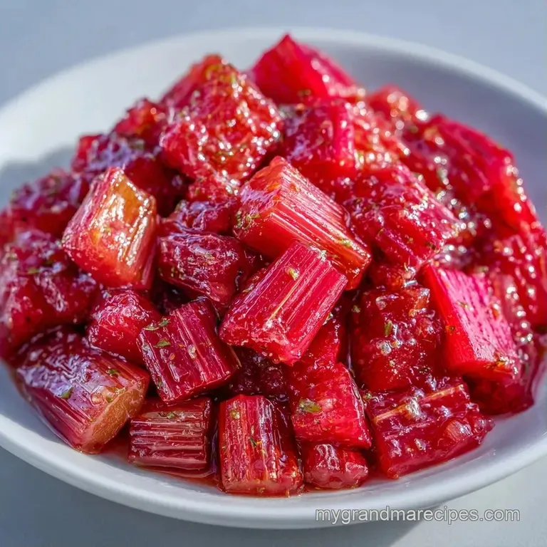 Bright pink cooked fruit pieces glistening in a clear glass bowl, topped with a sprig of fresh green mint.