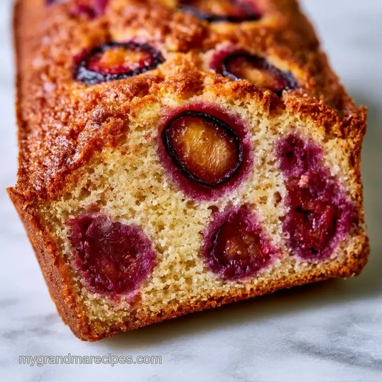 Thick slice of purple-swirled cake on a white ceramic plate, served with a dollop of cream and a sliced fresh plum.
