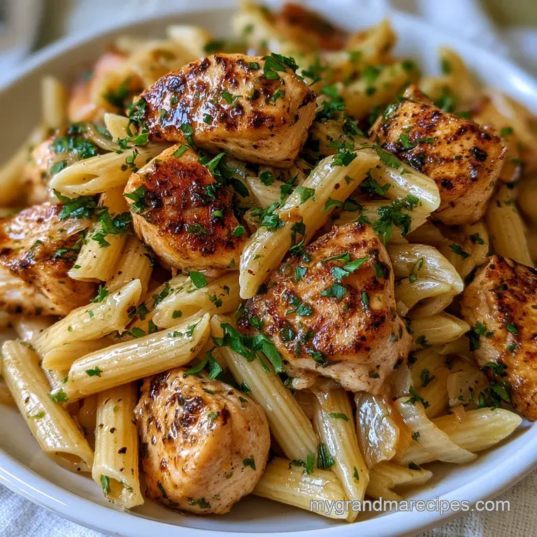 Twirled pasta nests topped with a dusting of parmesan and fresh parsley on a matte white ceramic dinner plate.