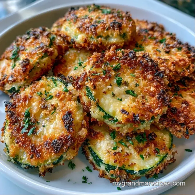 Neat stack of golden zucchini rounds garnished with fresh parsley and a side of creamy garlic dipping sauce.