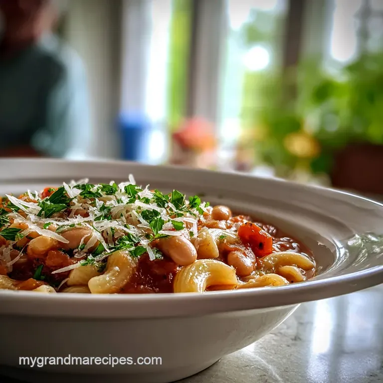 A steaming bowl of pasta e fagioli with a drizzle of olive oil and a sprinkle of grated cheese. Garnished with fresh parsley.