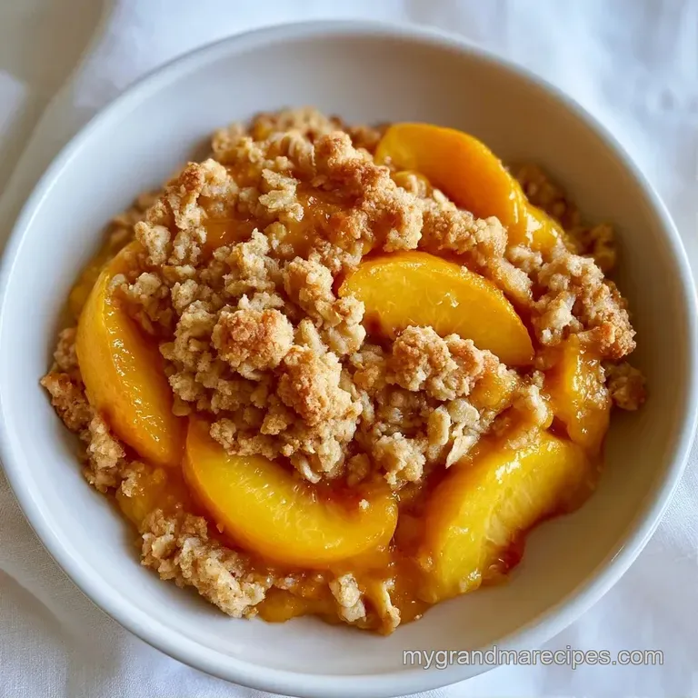 A slice of warm fruit crisp with a crumbly topping on a white plate, paired with a melting scoop of vanilla ice cream.