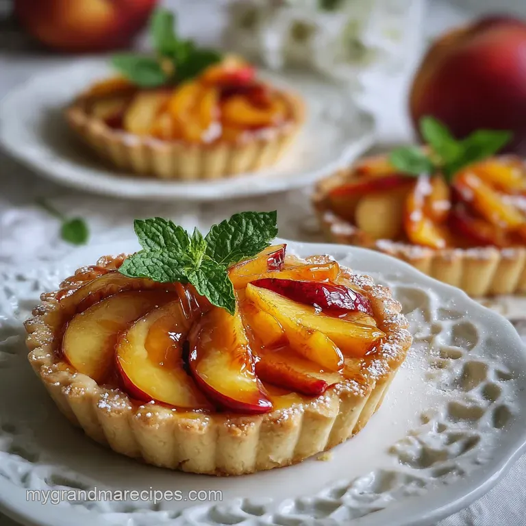 Individual peach tartlets, artfully arranged. Creamy dollop, dusting of powdered sugar. Elegant dessert with vibrant color...