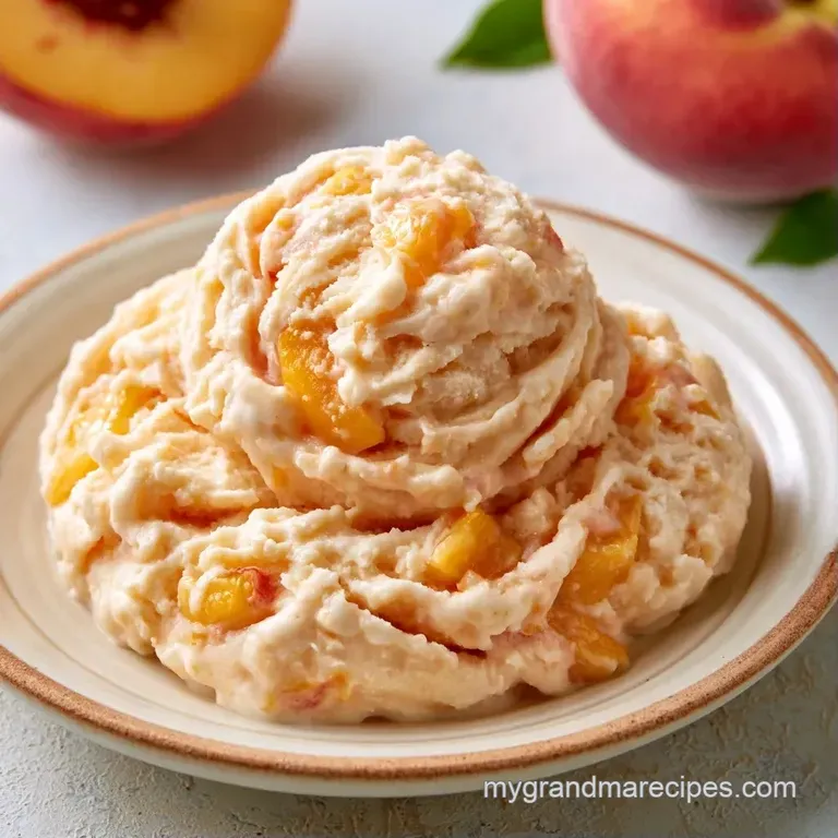 Pale orange frozen dessert scoops garnished with a fresh peach slice and a bright green mint leaf on white ceramic.