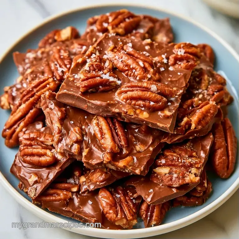 Neatly stacked squares of chocolate-covered toffee bark topped with chopped pecans on a white ceramic platter