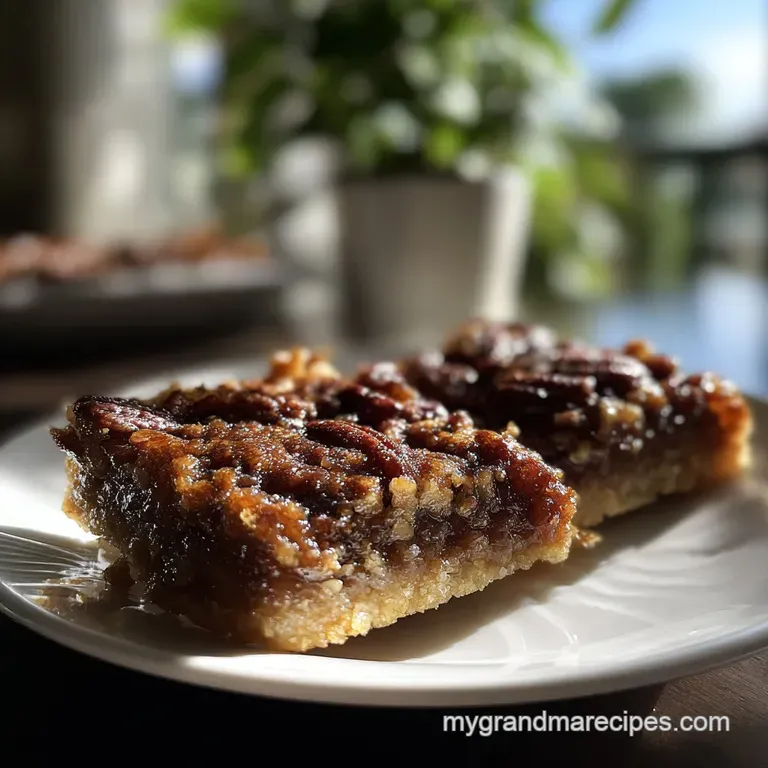 Pecan pie bar plated with a scoop of vanilla ice cream melting slightly, caramel drizzle, and chopped pecans on top.