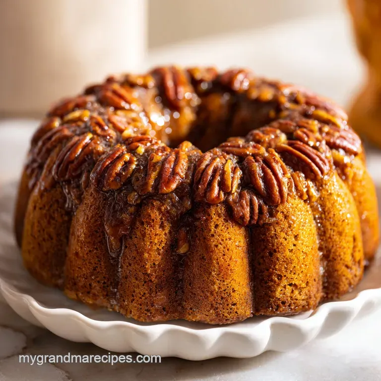 A single slice of caramel-glazed cake topped with toasted pecans on a matte ceramic plate with a gold fork.
