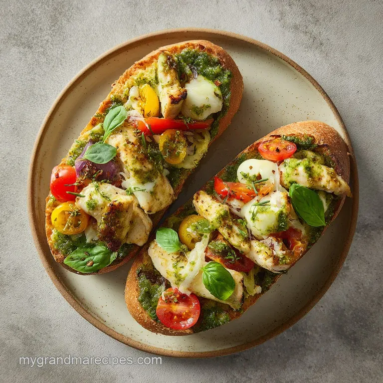 Slices of pesto chicken pizza are arranged artfully. Charred crusts, vibrant pesto, and juicy chicken shine.