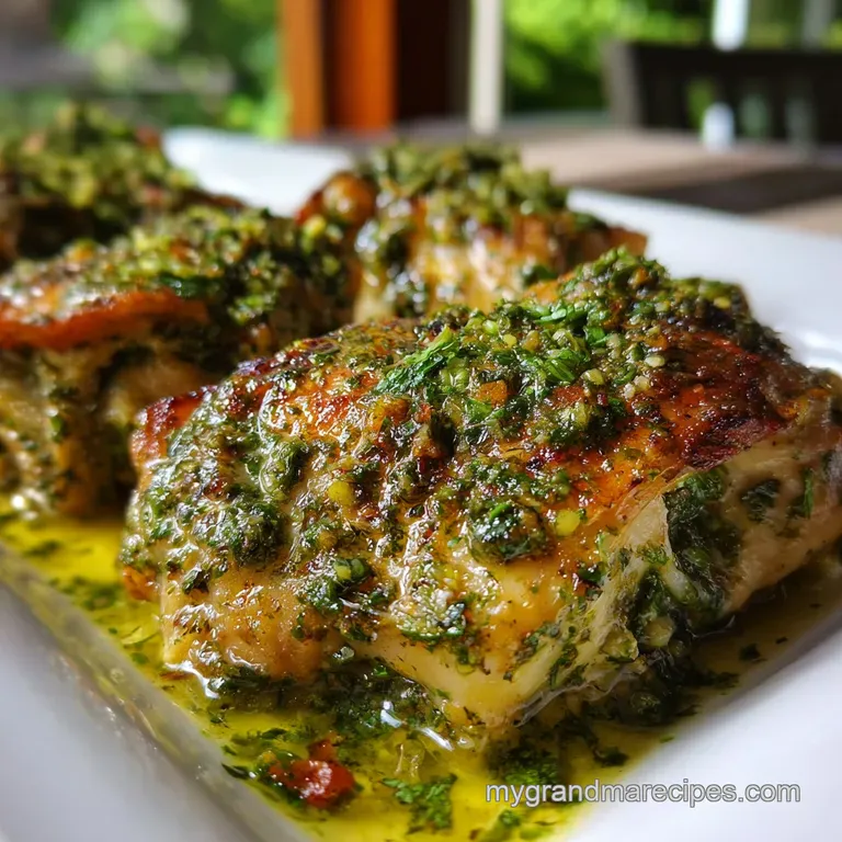 Plated chicken thigh, coated in creamy green sauce, sits atop mashed potatoes with a bright sprinkle of herbs for garnish.