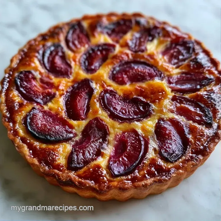 A slice of golden custard cake topped with deep purple plums, served on a white plate with a dusting of powdered sugar