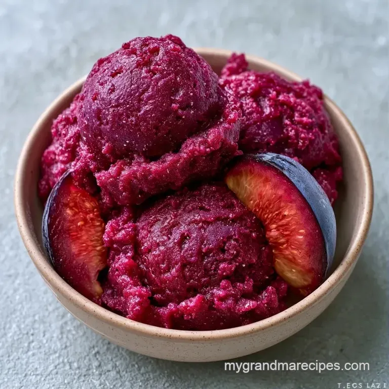 Elegant ivory frozen scoops on a white ceramic plate, accented by jammy purple fruit and a sprig of mint.