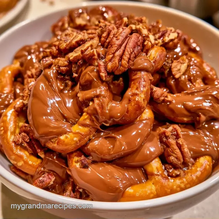 Neatly arranged chocolate-covered salty pretzels topped with toasted pecan halves on a dark slate serving board.
