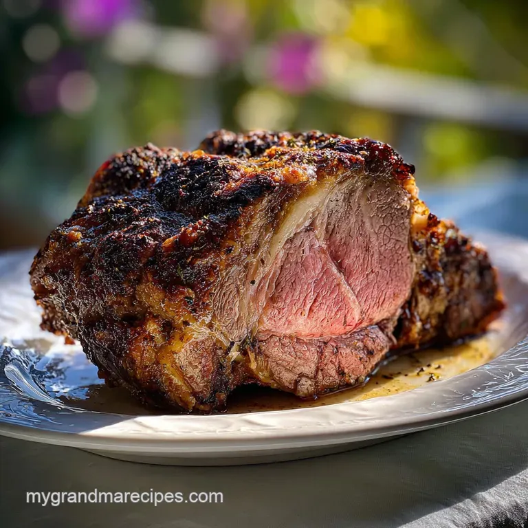 Thick cut of rosy prime rib with glistening fat, plated with creamy horseradish sauce and rosemary sprig. Elegant dining e...