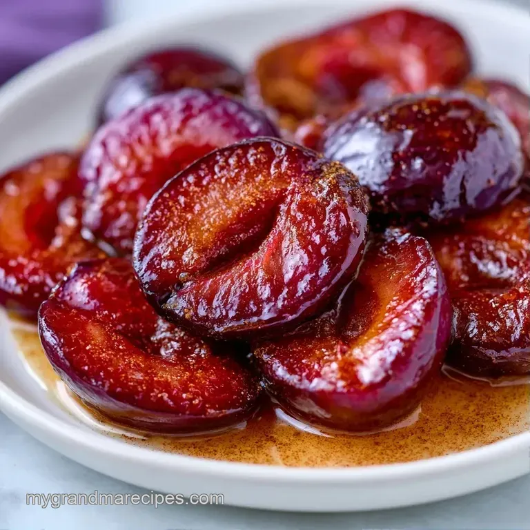 Soft, roasted purple plums on a white plate, drizzled in amber syrup with a dollop of thick white cream.