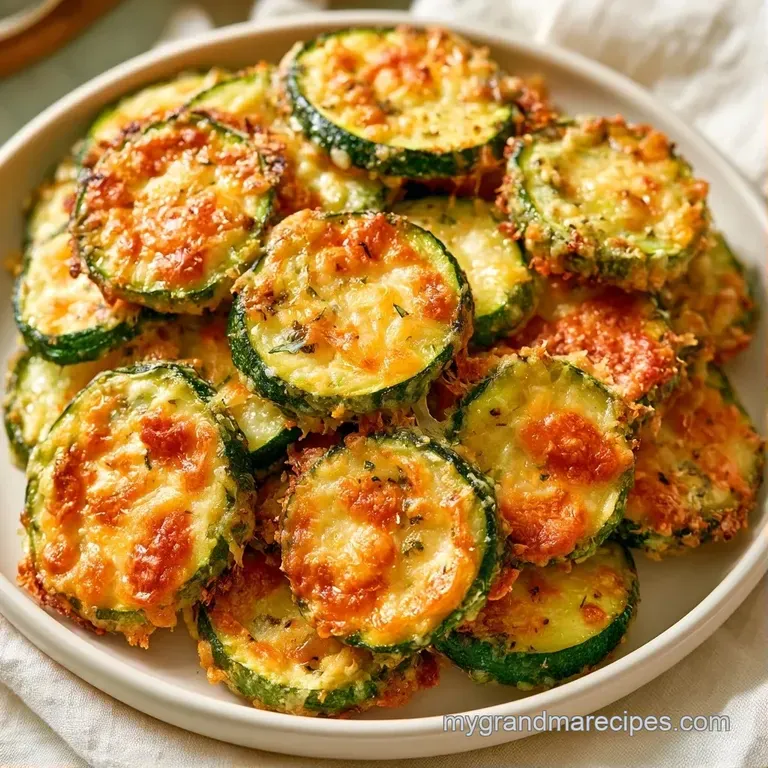 Neatly arranged zucchini rounds with toasted golden cheese and fresh herbs on a minimalist white ceramic plate.