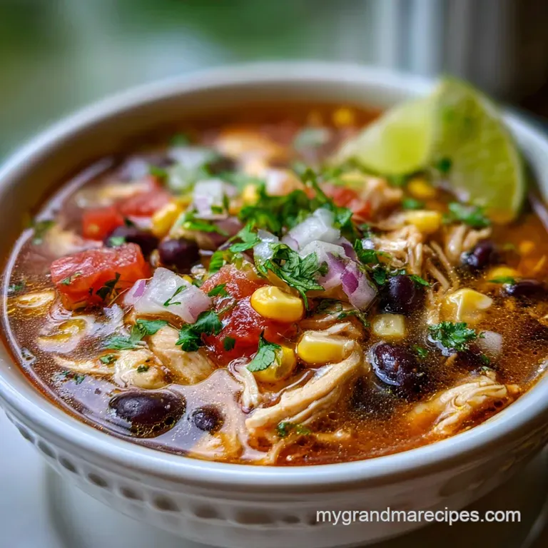 Warm bowl of comforting chicken taco soup, topped with fresh cilantro, a lime wedge, and crunchy tortilla strips on a rust...